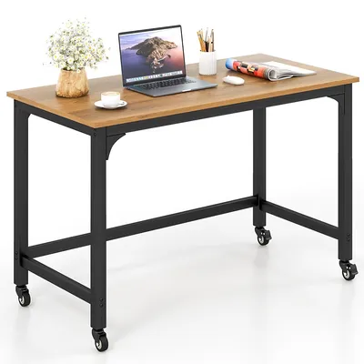 Rolling Computer Desk Metal Frame Pc Laptop Table Wood Top Study Workstation