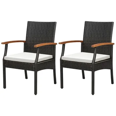 Patio Pe Wicker Chairs Acacia Wood Armrests With Soft Zippered Cushion Balcony