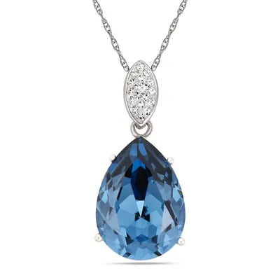 Sterling Silver Large Tear Drop Denim Blue Cz With Crystal Top Necklace