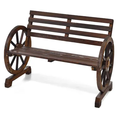 Outdoor Wooden Wagon Wheel Garden Bench 2-person Slatted Seat Armrests Rustic