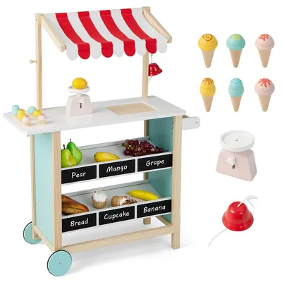 Kids Ice Cream Cart Wooden Toddler Farmers Market Stand W/ Chalkboard & Storage