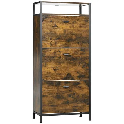 Industrial 12 Pair Shoe Cabinet With Shelf, 3 Flip Drawers