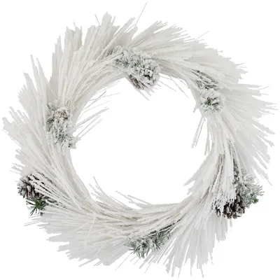 24" White Flocked Artificial Christmas Wreath With Pine Cones