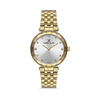 33mm Analog Watch For Women, Polished Stainless Steel Band, Crystal Markers