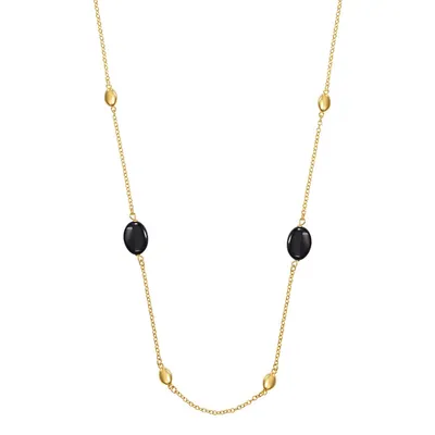 18kt Gold Plated 28" Long Rolo Link With Bead & Onyx Stations Necklace