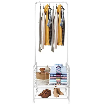 2 In 1 Heavy Duty Clothes Rack Garment Rack With Storage Basket And Base, Rust Resistant