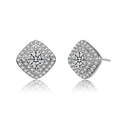Cubic Zirconia Pave Square Shape Stud Earrings - White Gold Plated