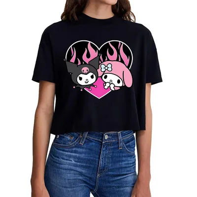 Hello Kitty Kuromi Womens Black Cropped Boyfriend T-shirt