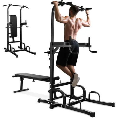 Adjustable Power Tower Pull Up Bar Stand Dip Station Equipment With Bench Home Gym