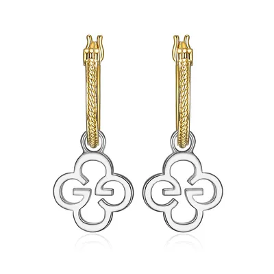 Monogram Sterling Silver Two-tone 18k Gold Plated Clover Drop Hoop Earring