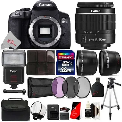 Eos 850d Dslr Camera + 18-55mm Lens + Slave Flash + 58mm Filter Kit + Telephoto & Wide Angle Lens + 32gb Memory Card Kit