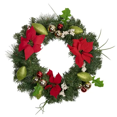 Decorated Red And Green Poinsettia And Pine Artificial Christmas Wreath, 24-inch, Unlit
