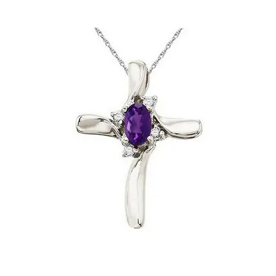 Amethyst And Diamond Cross Necklace Pendant 14k White Gold (0.50ct)