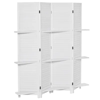 4-panel Wood Room Divider With 3 Shelves 5.6ft