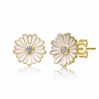 Teens 14k Gold Plated With Cubic Zirconia White Enamel Blooming Daisy Flower Stud Earrings