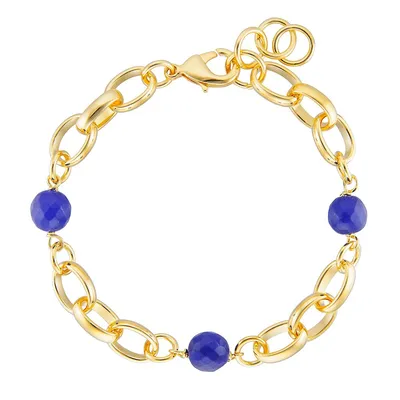 18kt Gold Plated Oval Rolo With Blue Agate Beads Bracelet