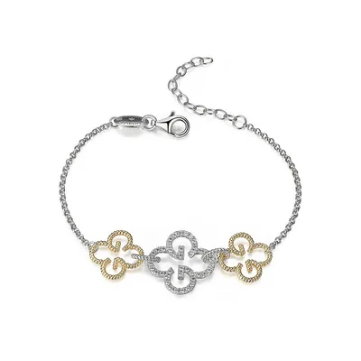 Monogram Sterling Silver Two-tone 18k Gold Plated With Cubic Zirconia 3-clover Bracelet