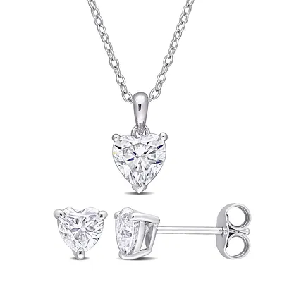 2-piece Set 2 Ct Dew Created Moissanite Heart Stud Earrings And Pendant With Chain Set In Sterling Silver
