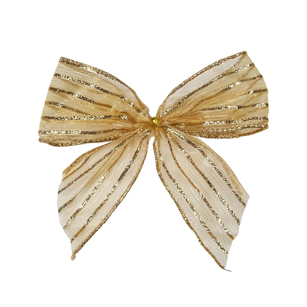 Pack of 6 Gold Glitter Striped 2 Loop Christmas Bow Decorations 5.5