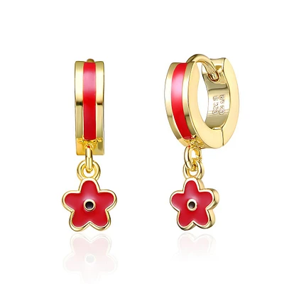 Toddlers/kids 14k Gold Plated Dangle Flower Red Enamel Earrings