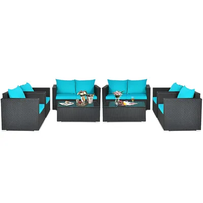 8pcs Rattan Patio Furniture Set Cushioned Sofa Chair Coffee Table