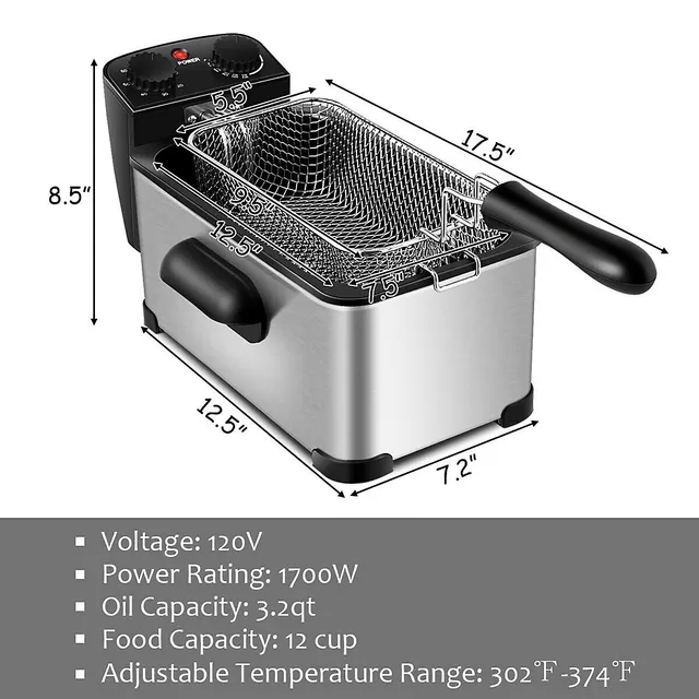 Costway Electric Deep Fryer 5.3QT/21-Cup Stainless Steel 1700W w/ Triple  Basket