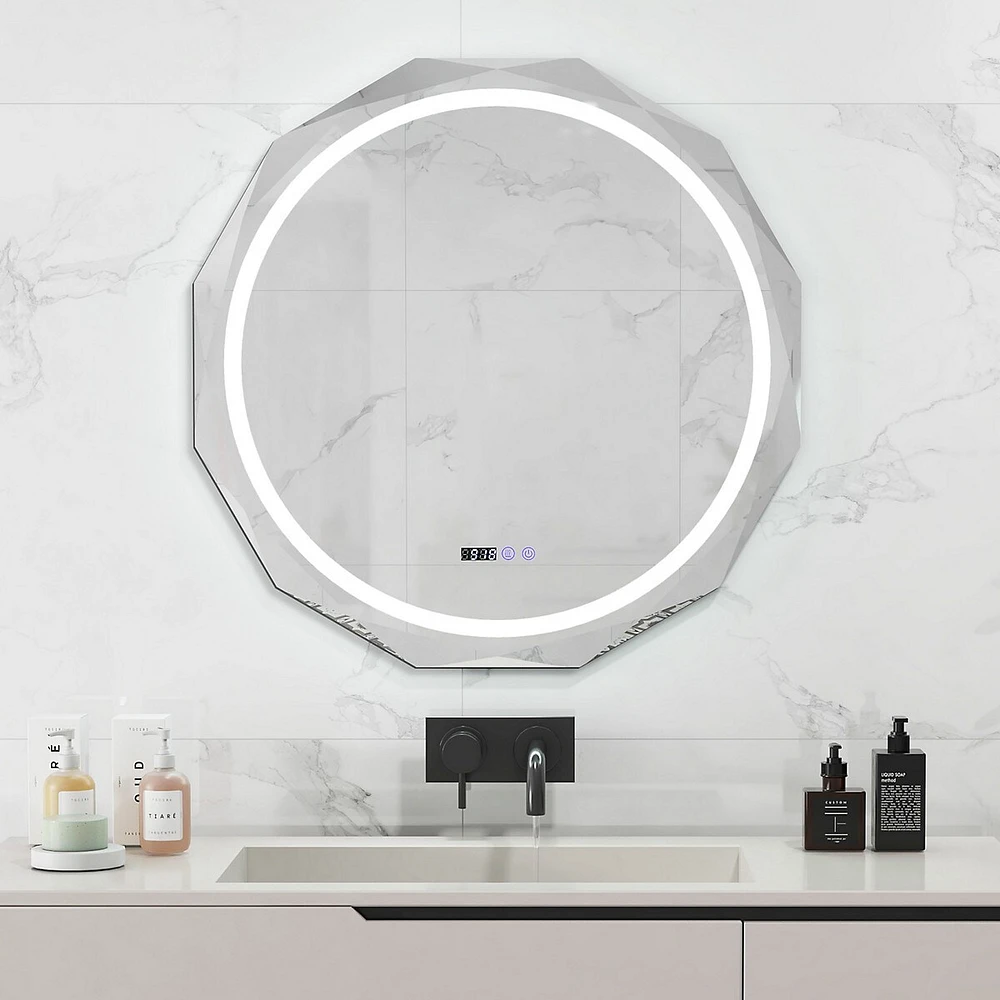 30" X 30" Led Bathroom Mirror With Dimmable 3-color Lights Defog Time/temp Display