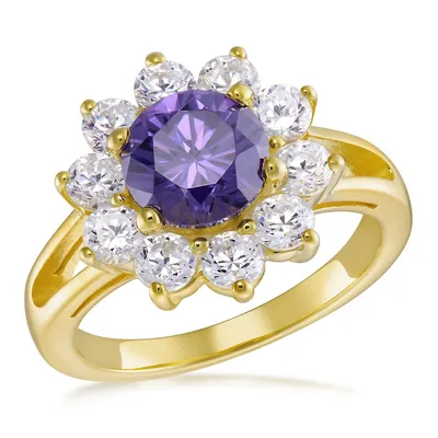 Yellow Gold Plated Sterling Silver With Cz Amethyst Ring