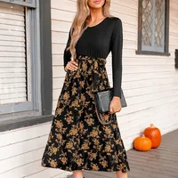 Women's Belted Floral Print Long Sleeve Maxi Dress