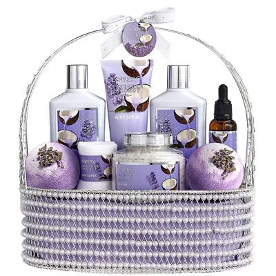 Home Spa Gift Set - Lavender Coconut - Handmade Pearl Basket - 9pc