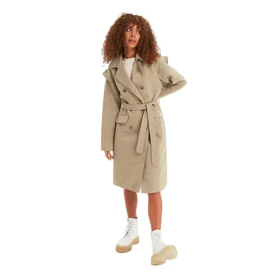 Women Oversize Double-breasted Men’s Collar Woven Trench Coat