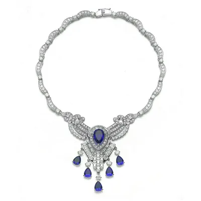Sterling Silver White Gold Plating With Cubic Zirconia Heavy Sapphire Teardrop Necklace
