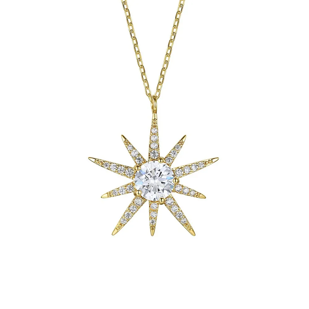 Teens 14k Yellow Gold Plated With Clear Cubic Zirconia 10-point Starburst Pendant Necklace