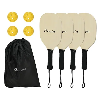 Wood Pickleball Paddles Set Of 4 With 4 Balls And Carry Bag