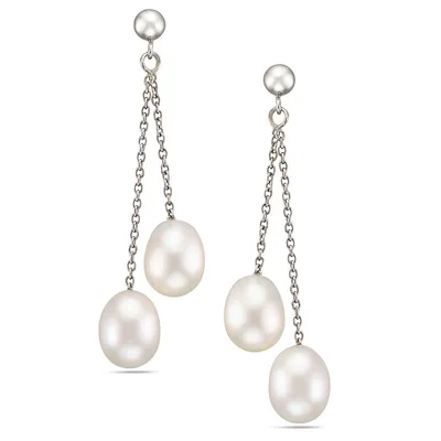 Sterling Silver Rhodium Plated White Dangling Freshwater Pearls Drop Earrings