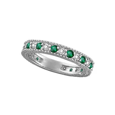 Diamond And Emerald Anniversary Ring Band 14k White Gold (1.08 Ctw)