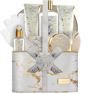 9pc White Jasmine Home Spa Set With Cosmetic Bag, Bath And Body Self Care Gift