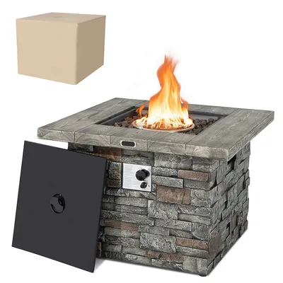 34.5" Square Propane Gas Fire Pit Table Faux Stone W/ Lava Rock Pvc Cover