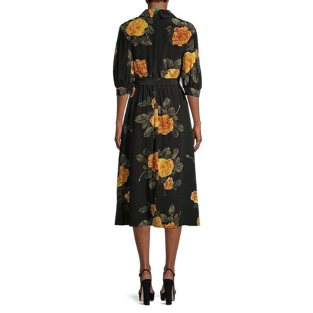 Robe midi en soie imprimée à taille froncée