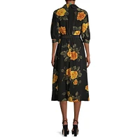 Silk Printed Gathered Waist Midi Dress