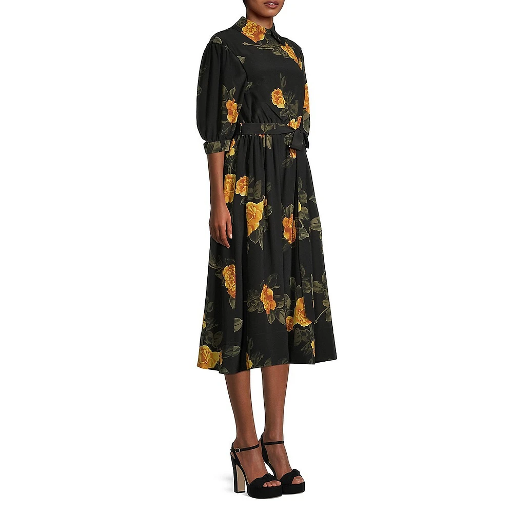 Robe midi en soie imprimée à taille froncée