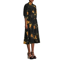 Silk Printed Gathered Waist Midi Dress