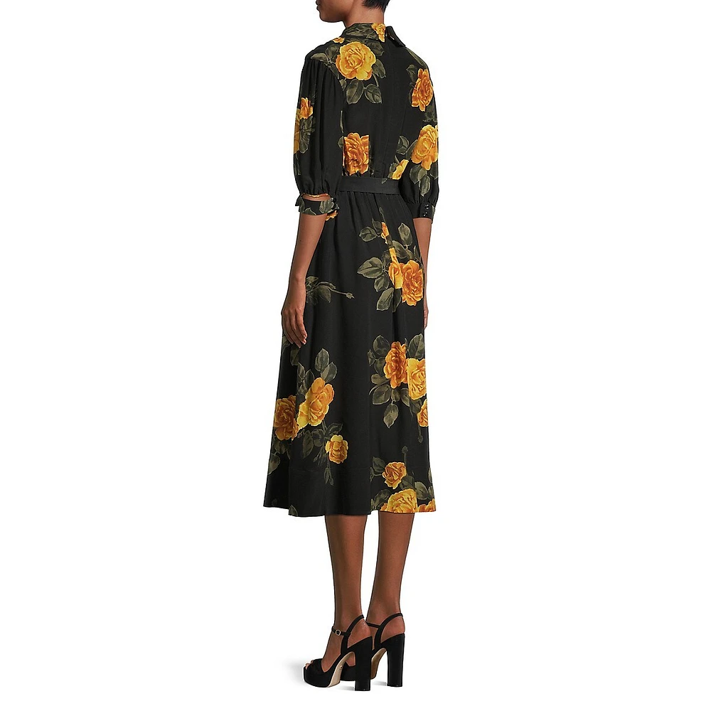 Silk Printed Gathered Waist Midi Dress