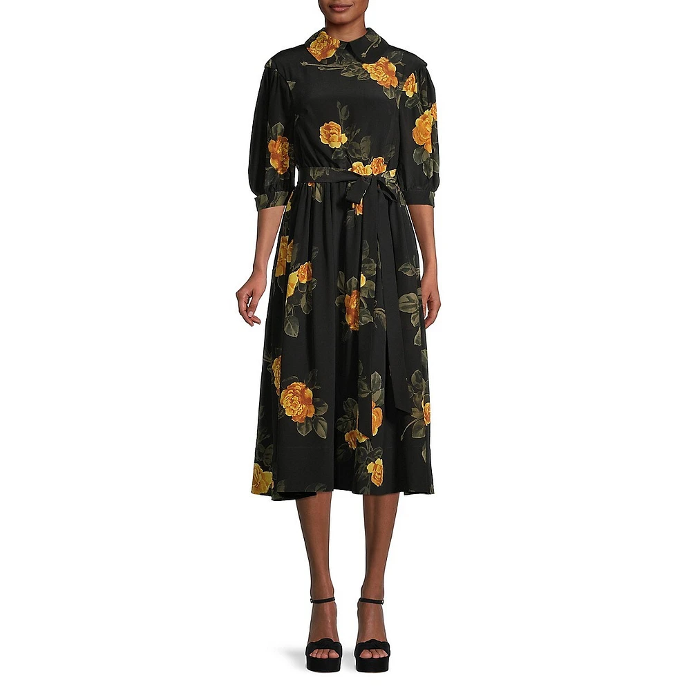 Silk Printed Gathered Waist Midi Dress