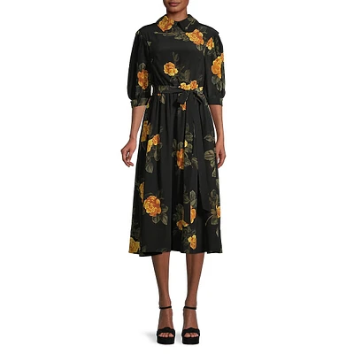 Robe midi en soie imprimée à taille froncée