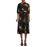 Robe midi en soie imprimée à taille froncée