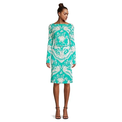 Print Bateau-Neck Belted Dress