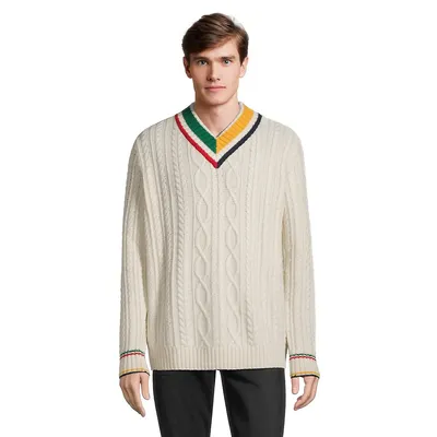 Men's Wool-Blend Varsity Cable V-Neck Lounge Sweater