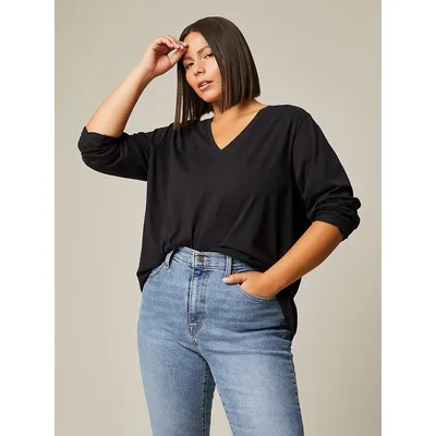 Plus Organic Cotton Long-Sleeve V-Neck Top