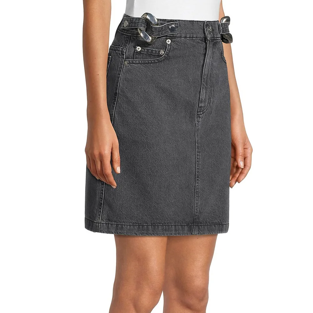 Chain-Accent Denim Mini Skirt